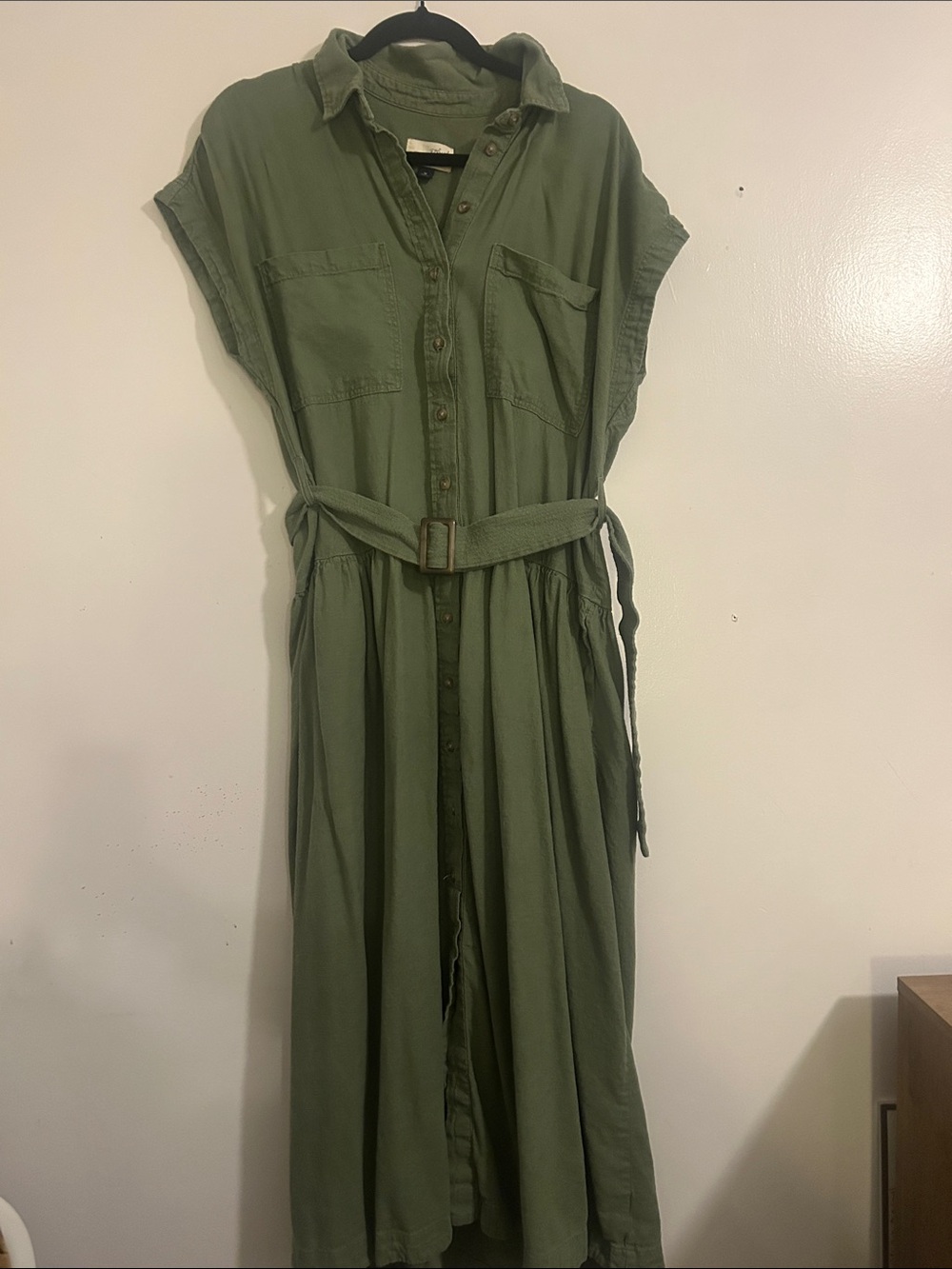 Universal Thread Olive Green Button-Front Maxi Shirt Dress with Waist Belt